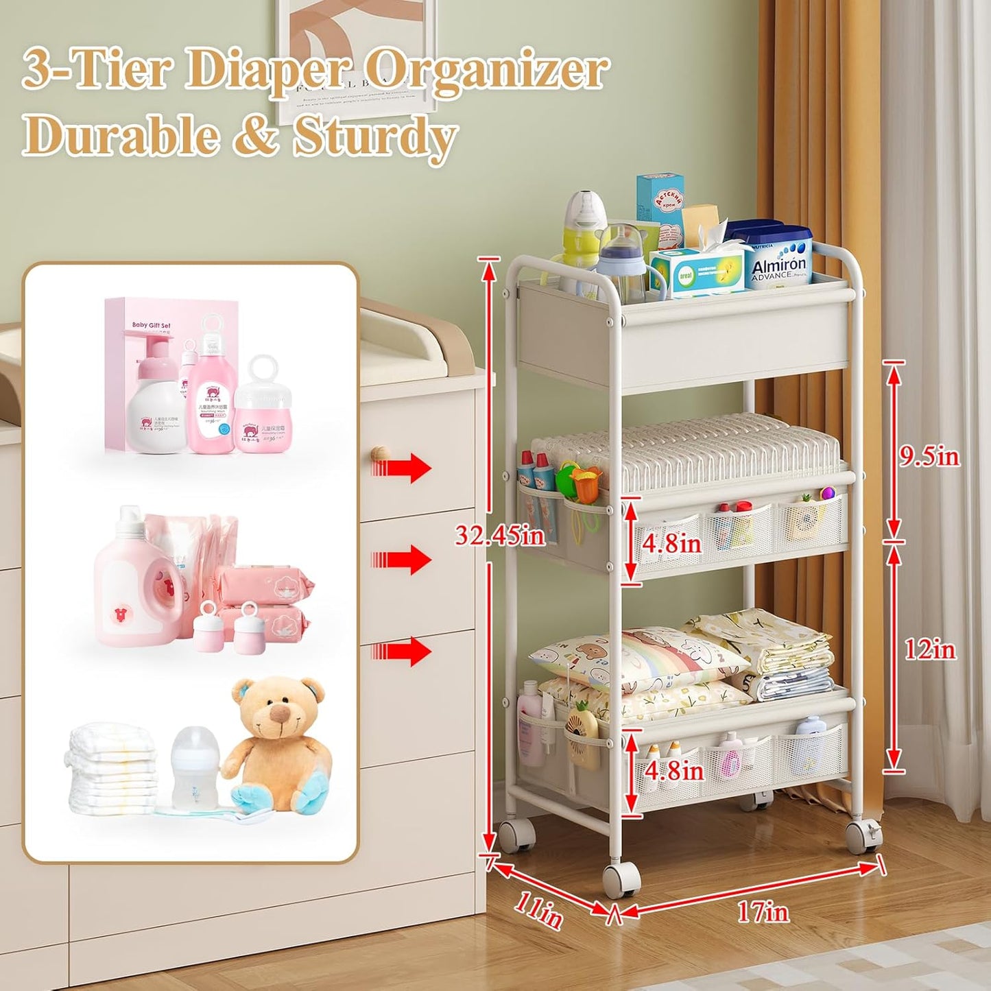 3-Tier Baby Diaper Caddy Cart Organizer,Mobile Nursery Organization with Wheels,with 2 Dividers & 14 Mesh Pockets Durable Metal Utility Cart for Nursery, Bedroom, Bathroom Essentials Organization
