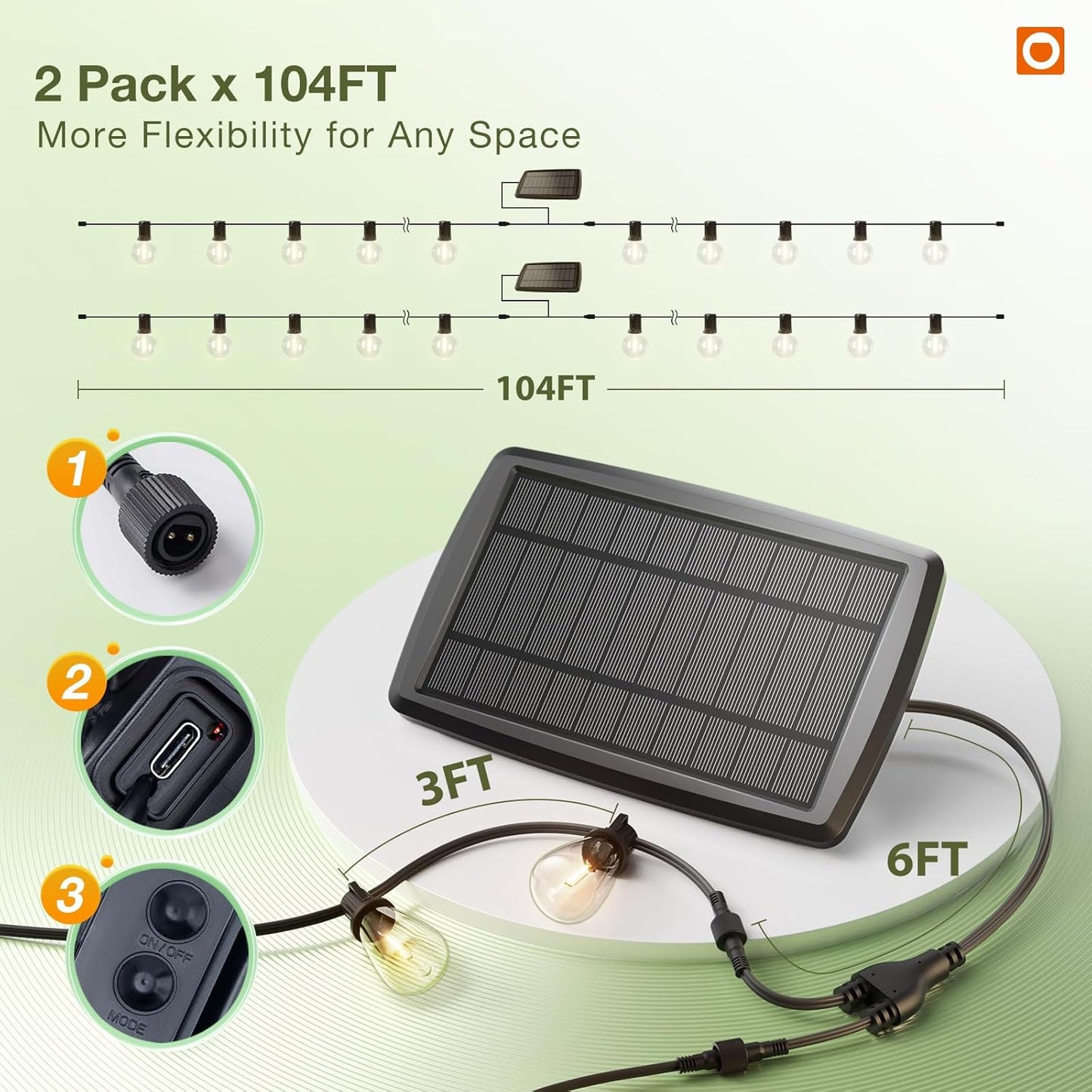 addlon 2 Pack*102FT(96+6) Solar String Lights Waterproof, Patio Lights Solar Powered with Remote & USB Port, 3 Lighting Modes 60+4 LED Shatterproof Bulbs Outdoor Light for Camping Backyard Garden
