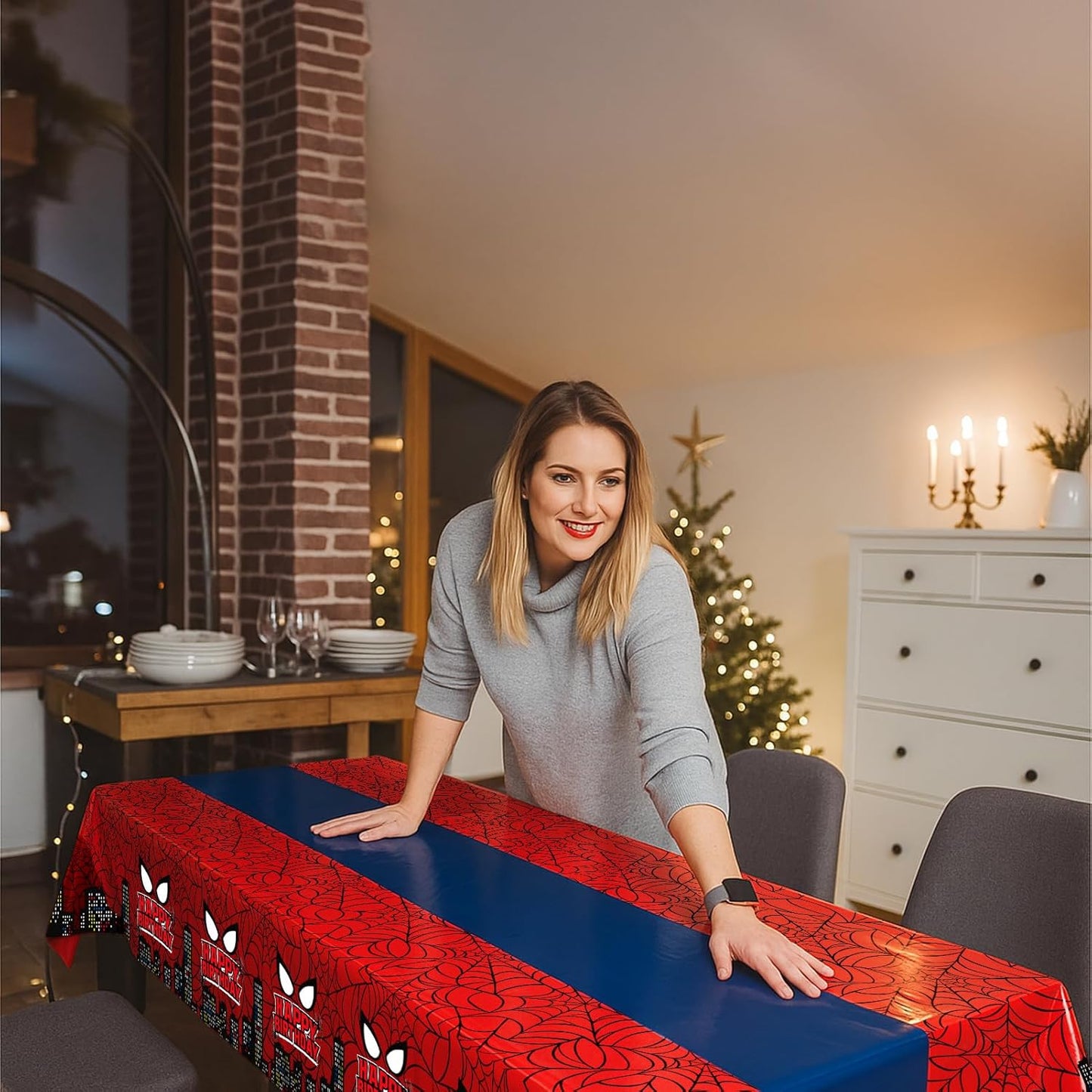 16Pcs 2in1 Spider Birthday Decorations Tablecloths, 54" x 108" Super Hero Spider Table Cloth Disposable Rectangle Plastic Table Cover for Boys Birthday Party Supplies