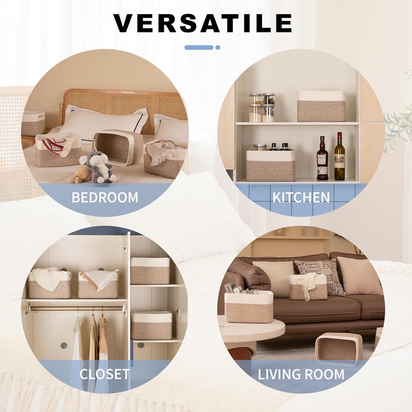 4 Pack Storage Baskets for Organizing, Woven Baskets for Shelves - Perfect for Toys, Books, Towels, and Clothes, Durable Gift Basket Bins Toy Storage, 12.7''Lx9''Wx7.8''H, Brown & White