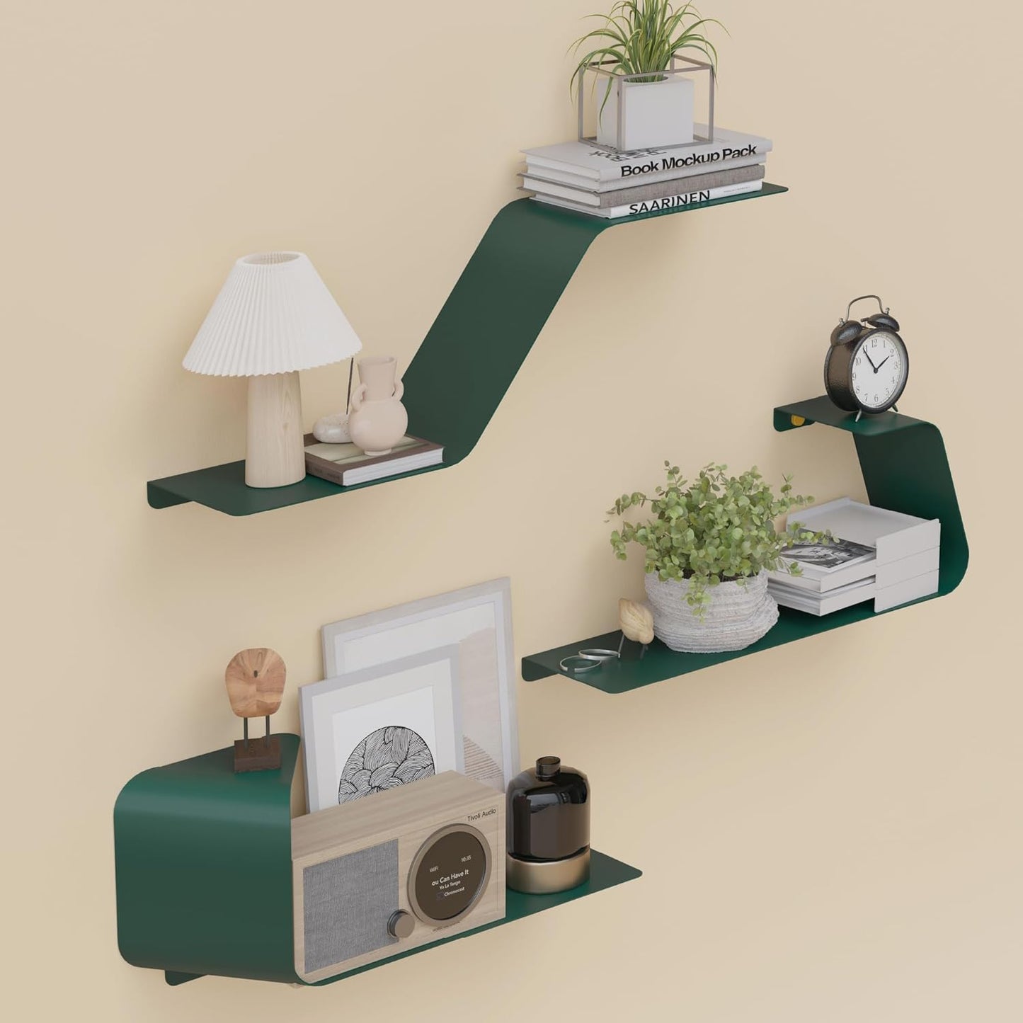 Floating Shelves, Wall Shelf, Set of 3 Wall Mounted Metal Shelves with Unique Design for Wall Storage, Book Shelf, Display Shelves for Bathroom Bedroom Kitchen Living Room for Home Green