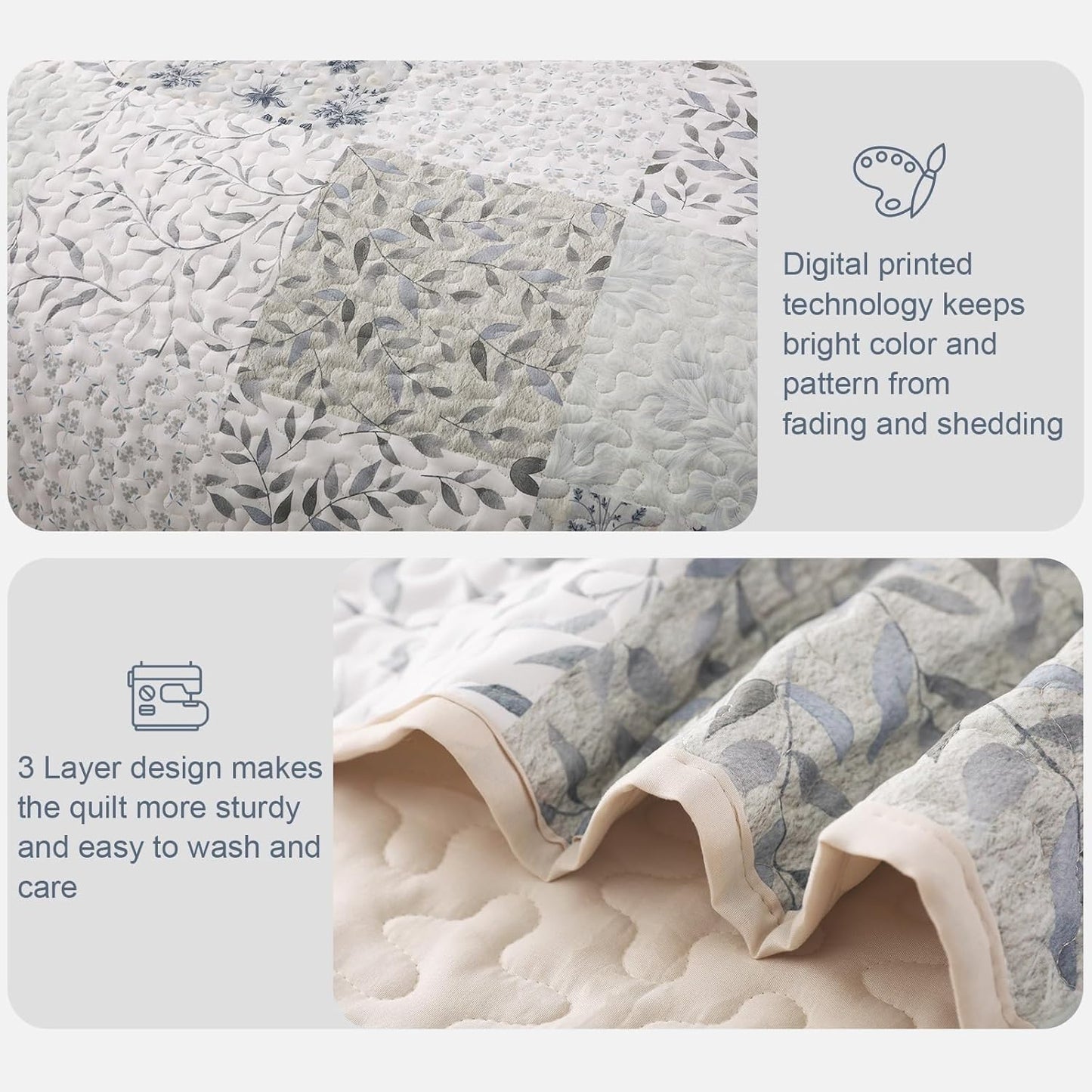 Exclusivo Mezcla Reversible Boho Quilt Set King Size, 3 Pieces Patchwork Gray All Season Bedspreads, Ultra Soft Floral Coverlet Bedding Set with Printed Pattern (1 Quilt, 2 Pillow Shams)