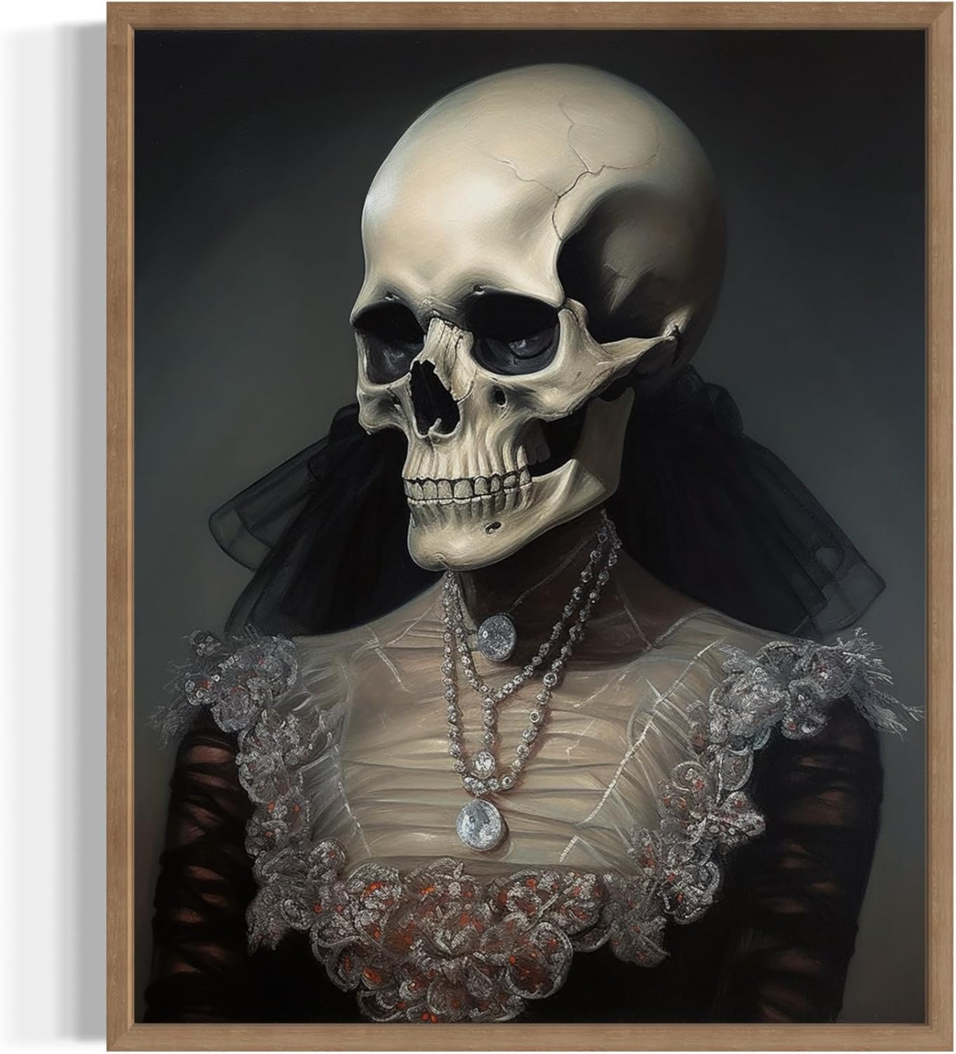 Female Skull Poster Art Print, Halloween Scary Vintage Wall Art Academia Spooky Painting Decoration for Horror Prints, Gothic Posters Bedroom Decor 89 (Female Skull, 16 x 20 inches, Wood Frame)