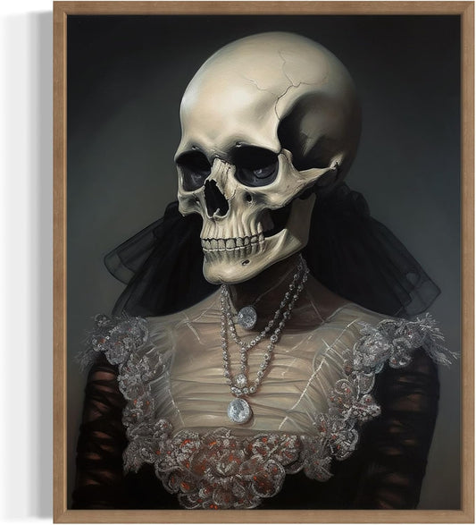 Female Skull Poster Art Print, Halloween Scary Vintage Wall Art Academia Spooky Painting Decoration for Horror Prints, Gothic Posters Bedroom Decor 89 (Female Skull, 16 x 20 inches, Wood Frame)