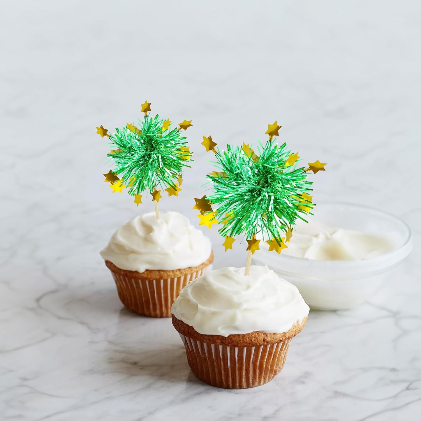 Ephlyn 30Pcs Foil Firework Cupcake Toppers Happy Birthday Cake Toppers Tinsel Flower Drink Stirrers Cocktail Food Fruit Toothpicks for Valentine's Day Party Decorations Green