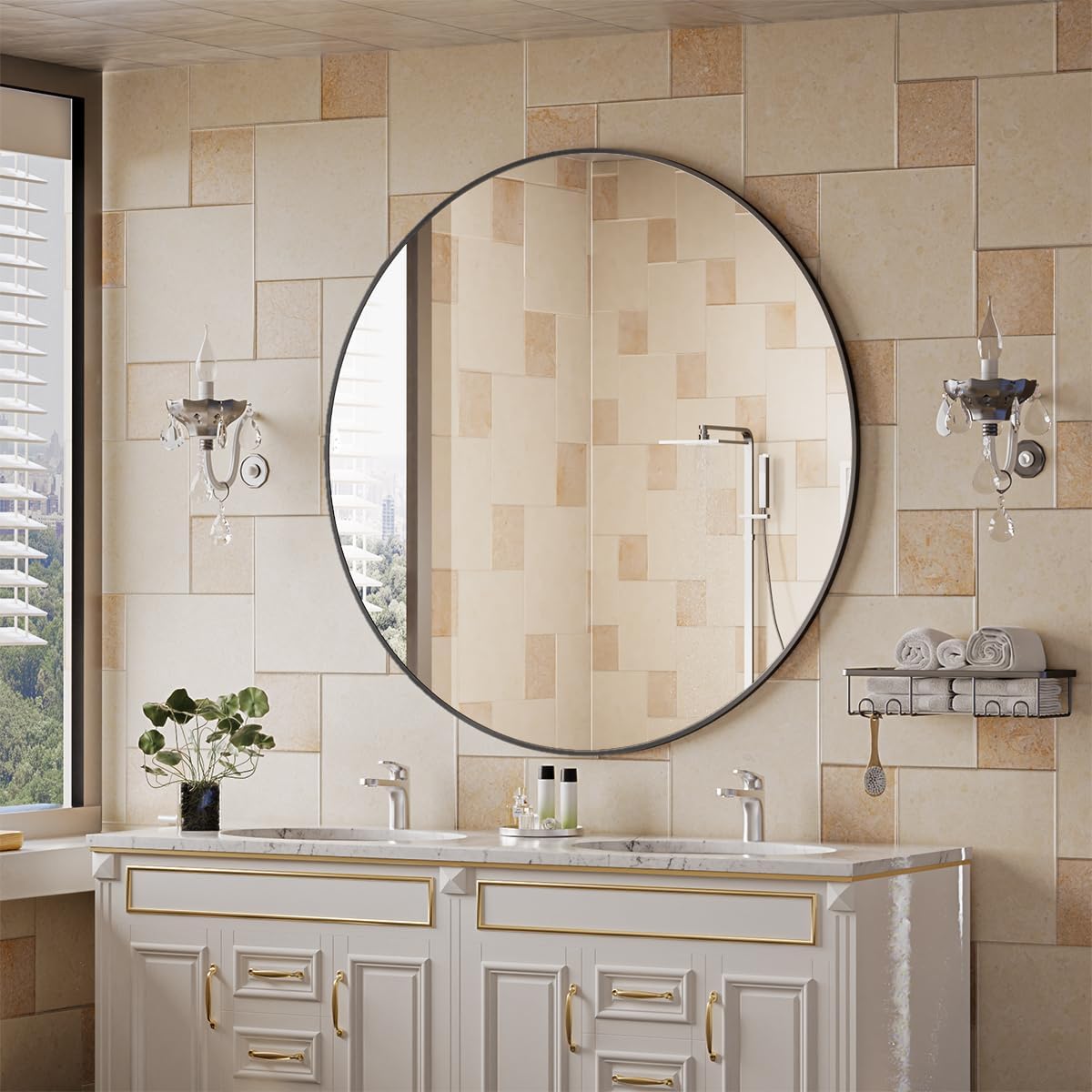 BEAUTYPEAK 42 Inch Round Mirror, Metal Frame Circle Mirror, Wall Mounted for Entryway, Bathroom, Vanity, Living Room, Black