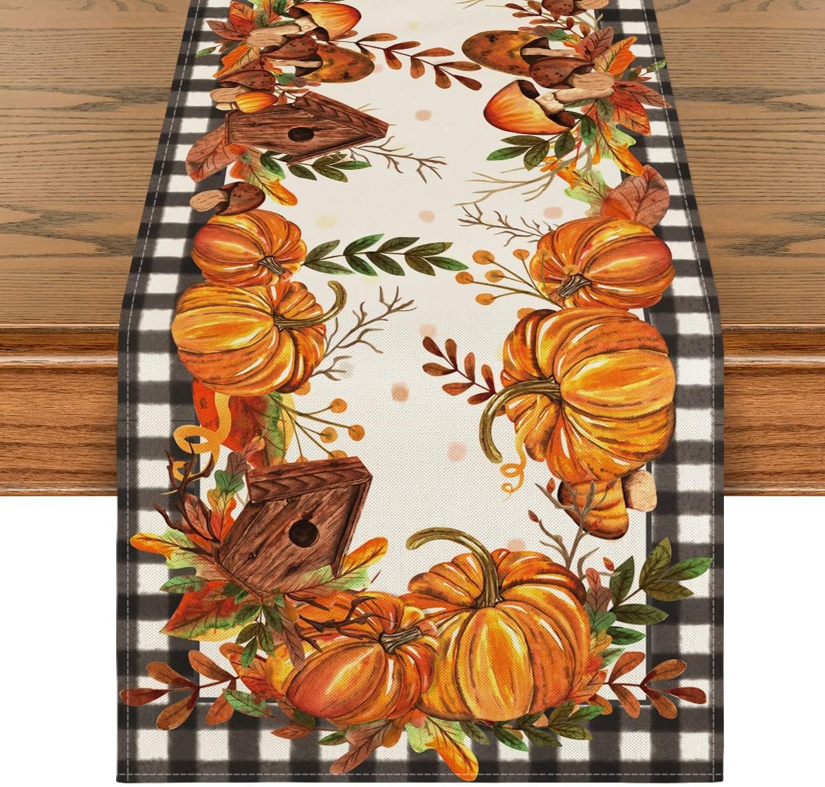 Artoid Mode Buffalo Plaid Pumpkin Mushroom Birdhouse Leaves Fall Table Runner, Autumn Kitchen Dining Table Decoration for Home Party Decor 13x120 Inch