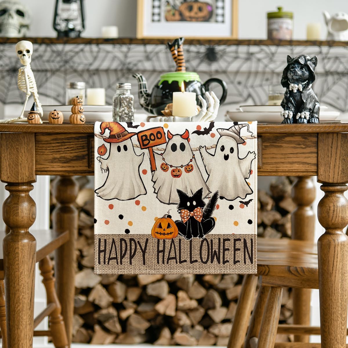 Artoid Mode Beige Ghost Jack-O'-Lantern Black Cat Halloween Table Runner,Holiday Kitchen Dining Table Decoration for Home Party Decor 13 x 108 Inch