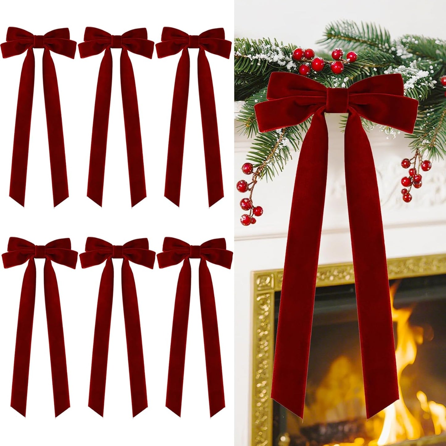 Senjie Velvet Large Christmas Bows for Staircase Garland Wreath, 20in x 8in Vintage Ribbon Bows with Twist Tie for Xmas Tree Holiday Indoor Outdoor Decorations (6Pcs, Burgundy)