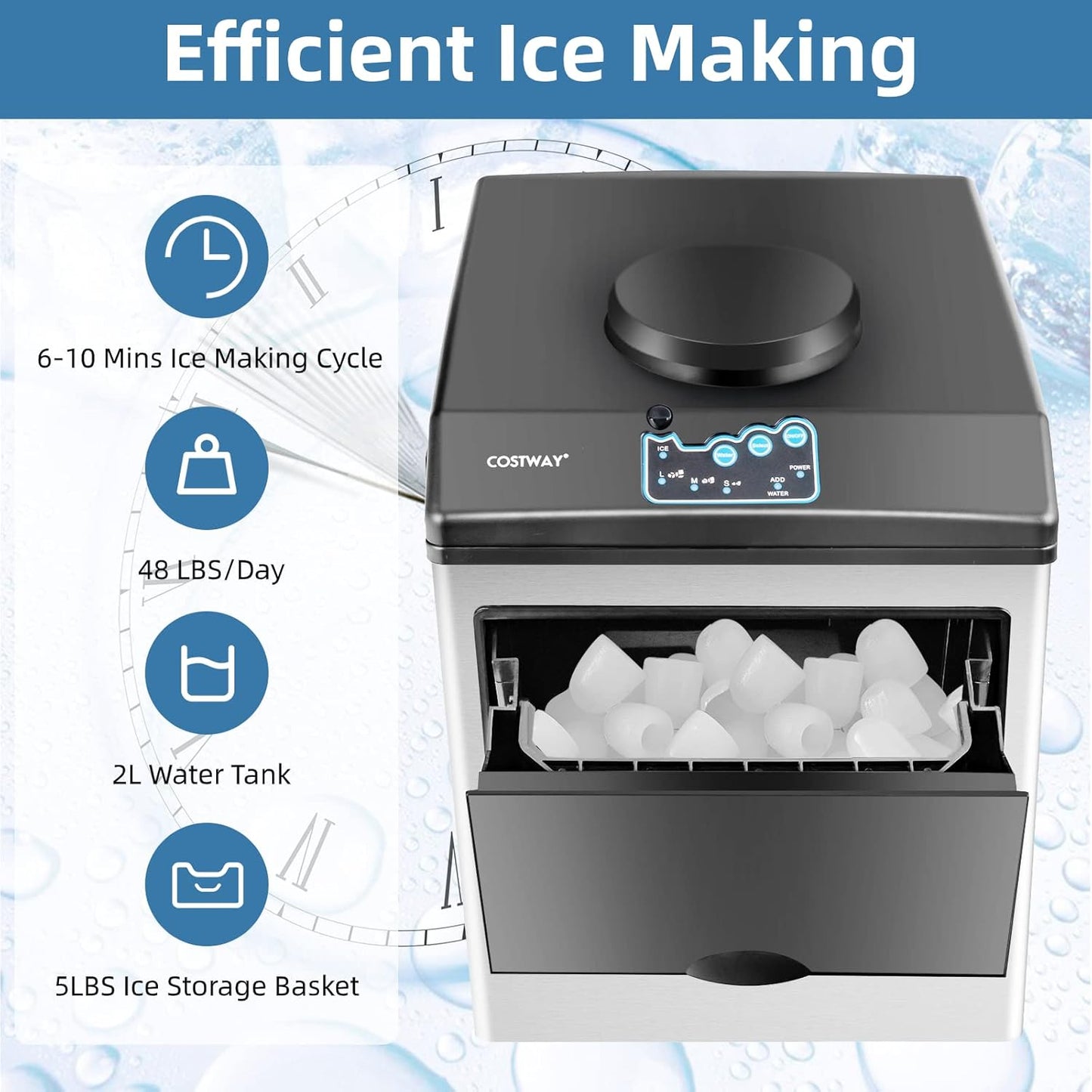 COSTWAY 2 in 1 Countertop Ice Maker Built-in Water Dispenser, 48LBS per Day, S/M/L Size Ice Cube, 5LBS Ice Storage Basket, Fast 6 Mins, Stainless Steel Ice Machine with Extendable Chilled Water Spout