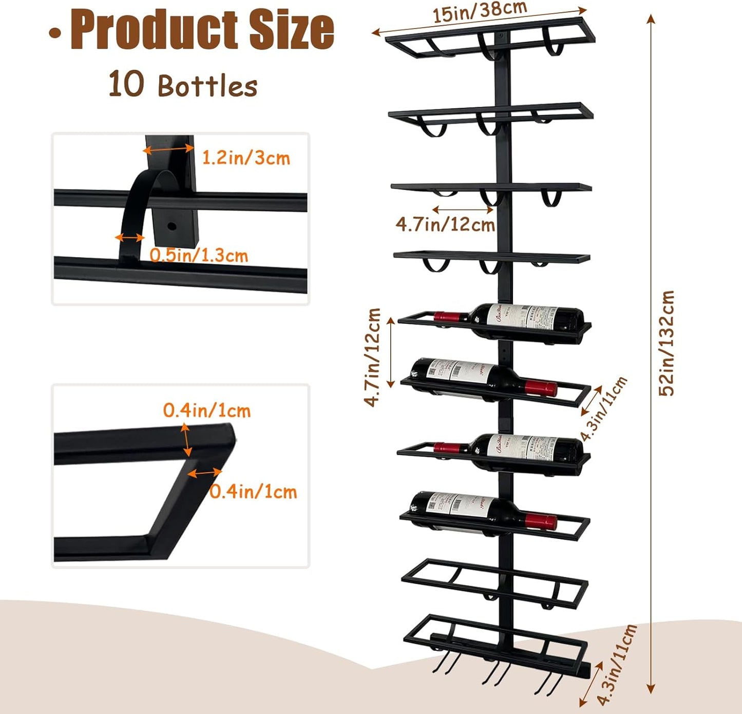 20 Bottle Wall Mount Wine Rack with Wine Glass Holder, Metal Wine Wall Rack, Wall Racks for Wine Bottles Display and Storage, Hanging Bottle Organizer for Living Dining Room Wine Cellar Bar (Black)