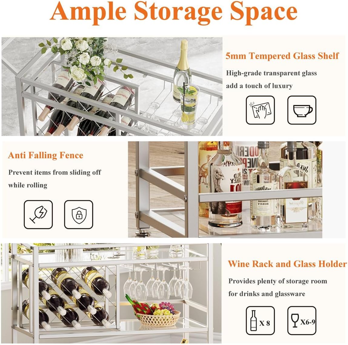 FATORRI Bar Cart Silver, Bar Carts for The Home, Home Bar Serving Carts for Liquor, Rolling Wine Cart with 3 Tier Mirrored Shelves on Wheels for Alcohol and Beverage (Silver)