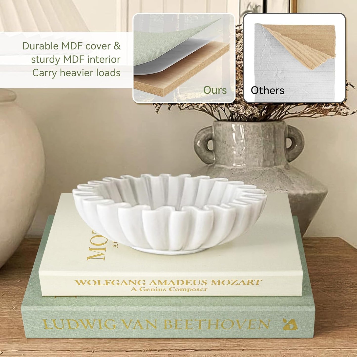 Aesthetic Decorative Books -Set of 2 Minimalist Linen Hardcover Faux/Fake Books for Coffee Table Home Decor Living Room Decoration, Photo Storage or as a Keepsake Box(Sage-beige-musician)