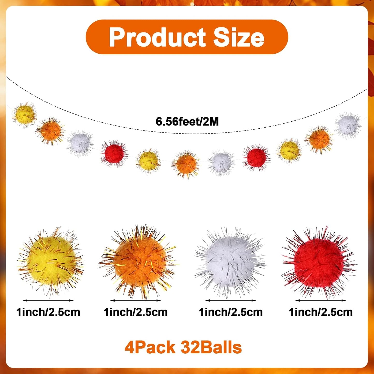 4 Pack Fall Glitter Felt Ball Garlands, Glittery Pom Pom Garland Orange, Yellow, White, Red Large Felt Ball Decorations for Autumn Thanksgiving Halloween Party Decor
