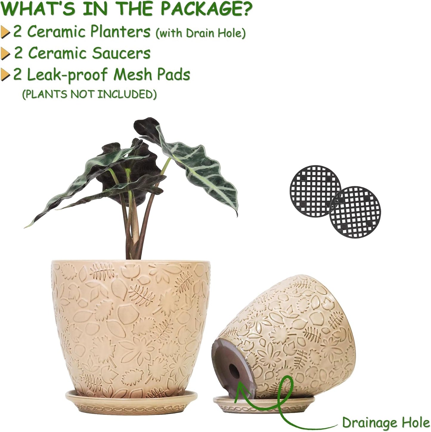 8 Inch + 6 Inch Retro Ceramic Planter Set of 2 with Drainage Hole and Saucer for Multiple Plants, Indoor-Outdoor Garden Pots for Succulent, Orchid, and Flower (Retro Peach)