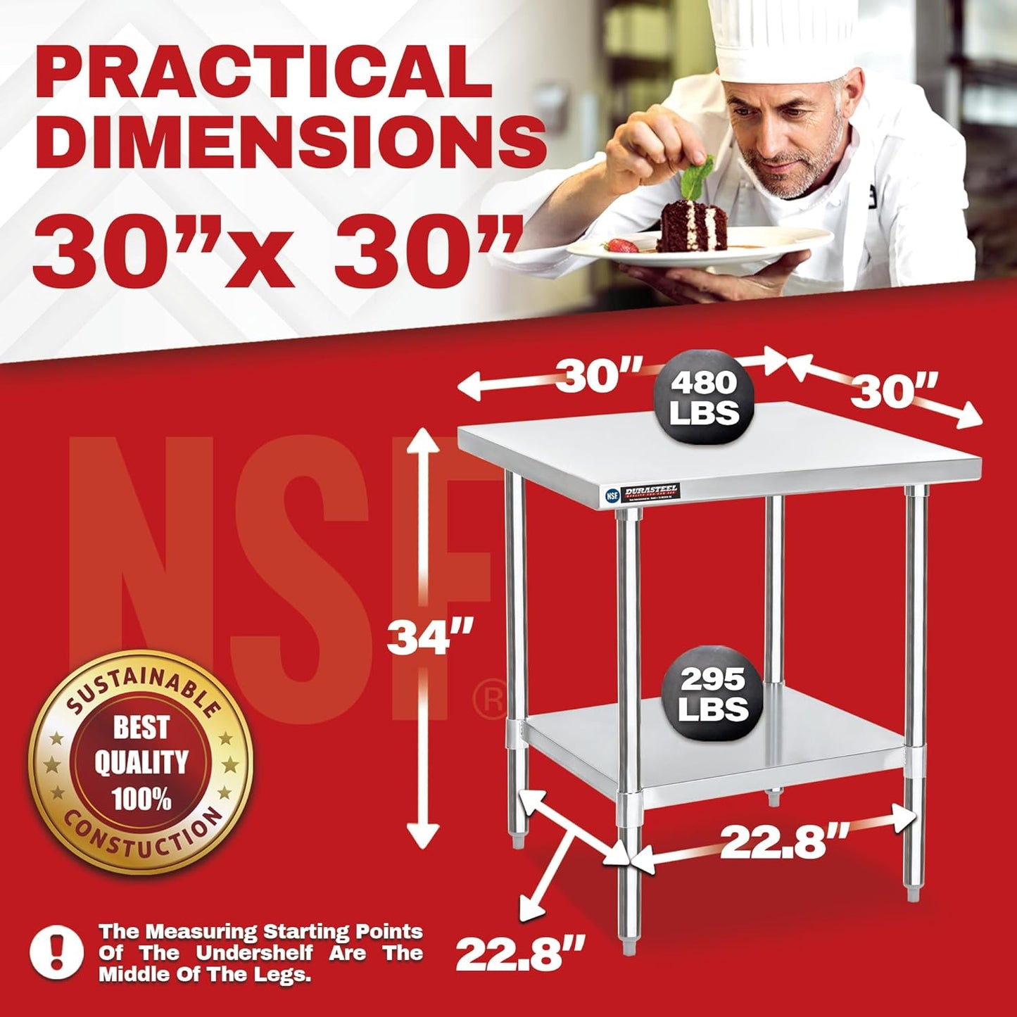 DuraSteel 30x30 Stainless Steel Work Table - NSF Commercial Prep Metal Table - Outdoor Pizza Oven Stand w/Under Shelf - Kitchen Island Laundry Utility Garage Microwave Stand Large Rolling Storage Cart
