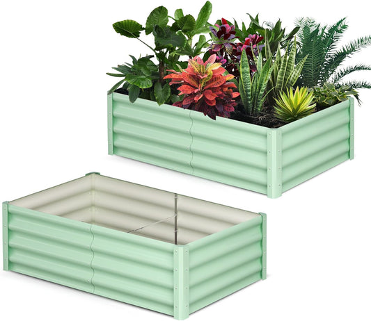 Galvanized Raised Garden Bed Outdoor, 2 Pcs 6x3x1FT Outdoor Large Planter Raised Beds Open Base with Safety Edge and Glove for Vegetables Flowers Ground Planter, Green