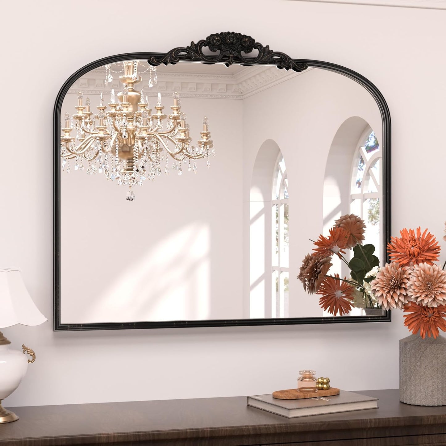 Keonjinn Vintage Mirror for Wall, 36" x 30" Black Antique Mirrors with Metal Frame, Baroque Style Decoration for Mantle, Bathroom, Living Room, Fireplace, Bedroom, French Cleat Mounting