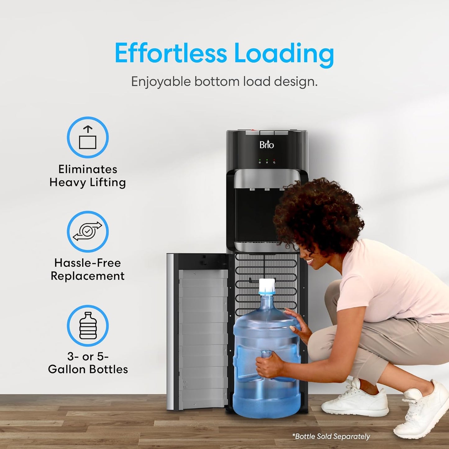 Brio Bottom Loading Water Cooler Dispenser for 5 Gallon Bottles - 3 Temperatures with Hot, Room & Cold Spouts, Child Safety Lock, LED Display with Empty Bottle Alert, Stainless Steel