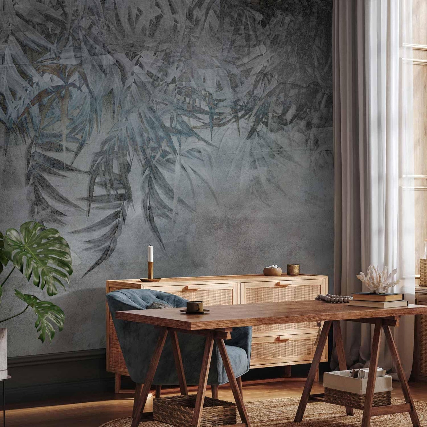 artgeist Wall Mural Leaves 77x55 in - XXL Peel and Stick Self-Adhesive Wallpaper Removable Large Sticker Foil Wall Decor Print Picture Image Design Palm Leaves Concrete Nature Grey b-C-10103-a-a