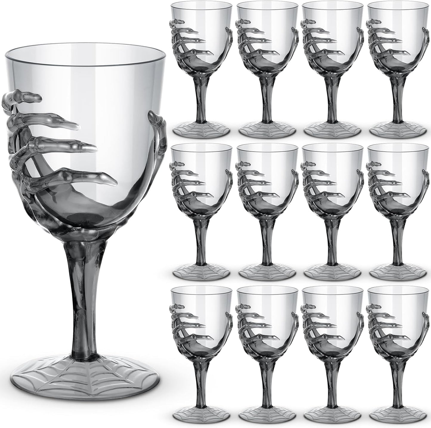 Dandat 12 Pcs Halloween Skeleton Hand Goblets 12oz Clear Plastic Halloween Cups Skull Wine Glass Set for Creepy Spooky Party Decorations (Black)