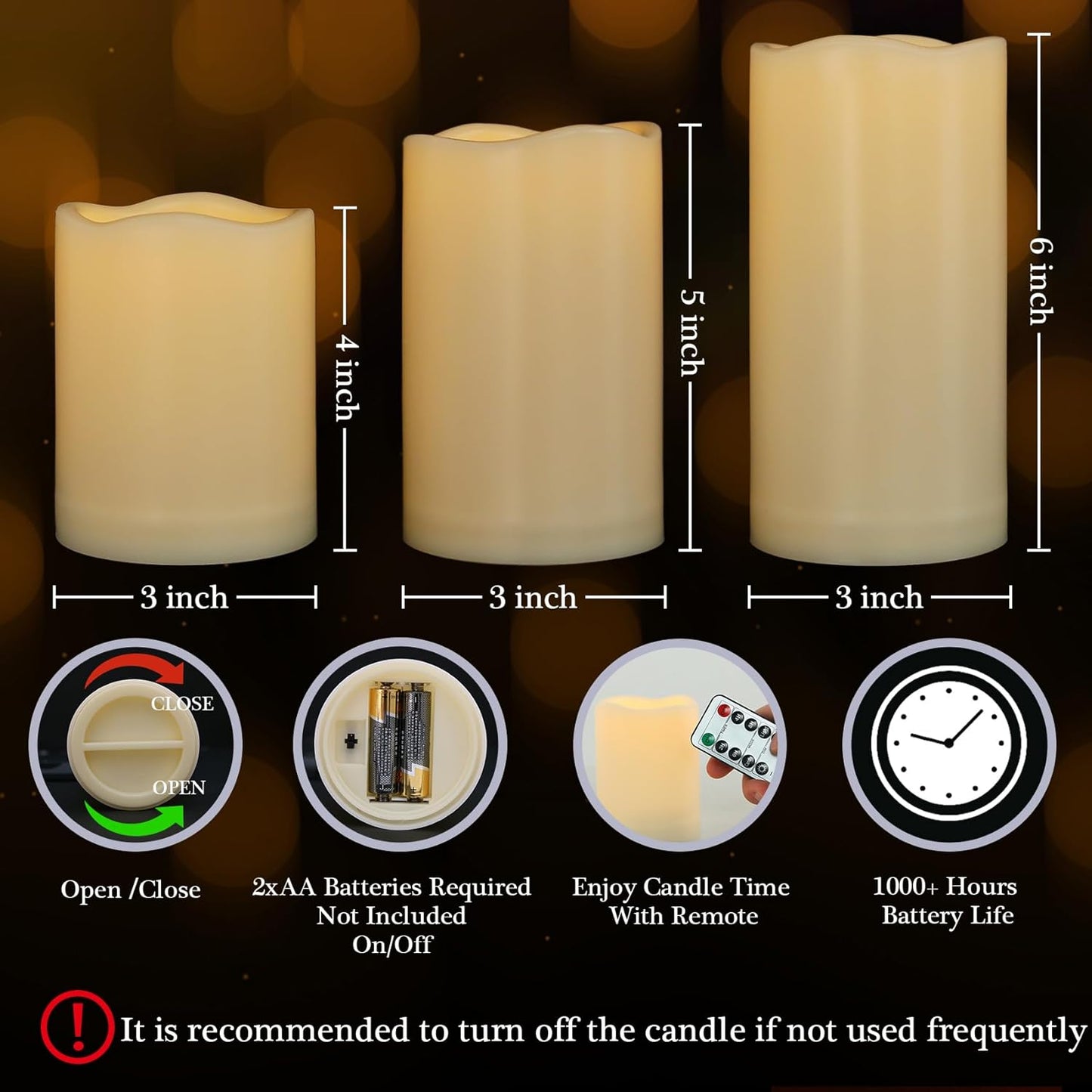 Battery Operated Candles Flickering Flameless Candles with Remote and Timer, Waterproof Outdoor LED Pillar Flameless Candles for Home Wedding Decor, Ivory Plastic, D 3" x H 4" 5" 6"