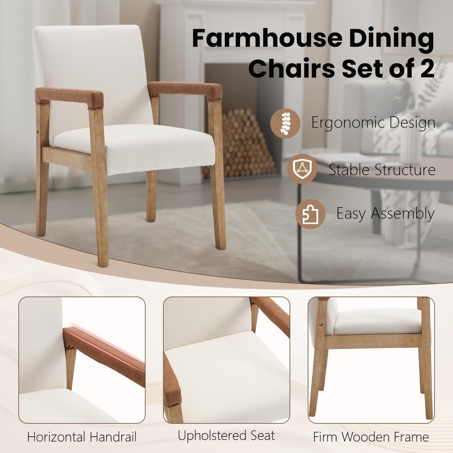 Kmax Modern Dining Chairs Set of 6 Linen Fabric Kitchen Arm Chairs Upholstered Accent Chairs with Wooden Legs for Dining Room, Living Room, Bedroom, White