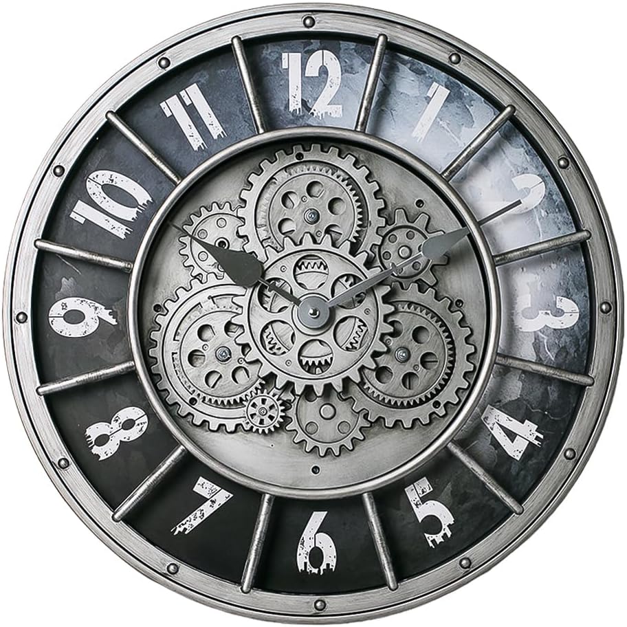 18 Inch Wall Clock with Moving Gears, Oversized Large Industrial Steampunk Decoration, Antique Metal Big Numeral Wall Clocks for Kitchen Study Room Living Room Decor (Matt Metal Silver-Black)