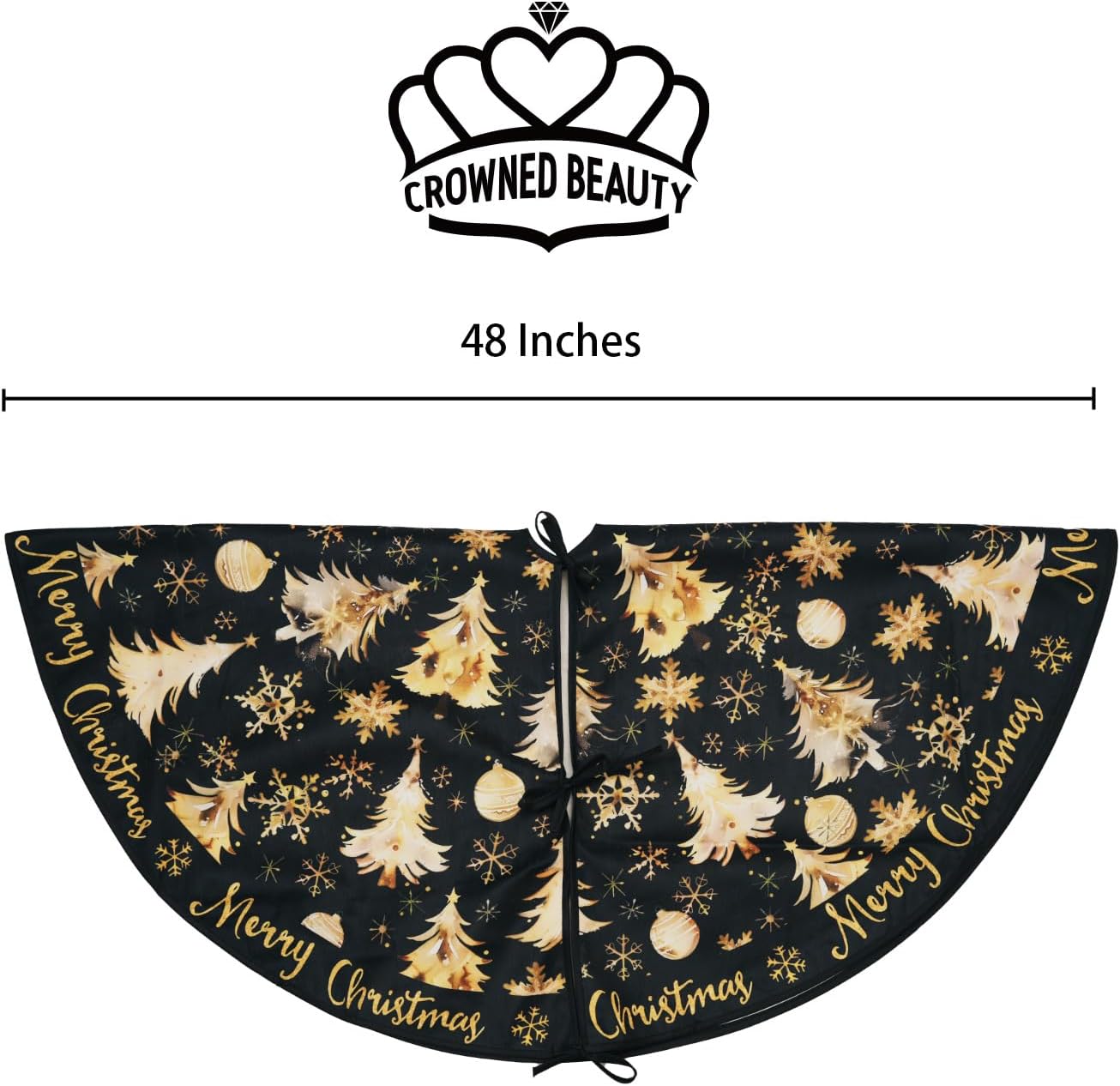 CROWNED BEAUTY Merry Christmas Tree Skirt Collar 48 Inch Xmas Trees Snowflakes Soft Farmhouse Holiday Decoration (Gold & Black) TS26