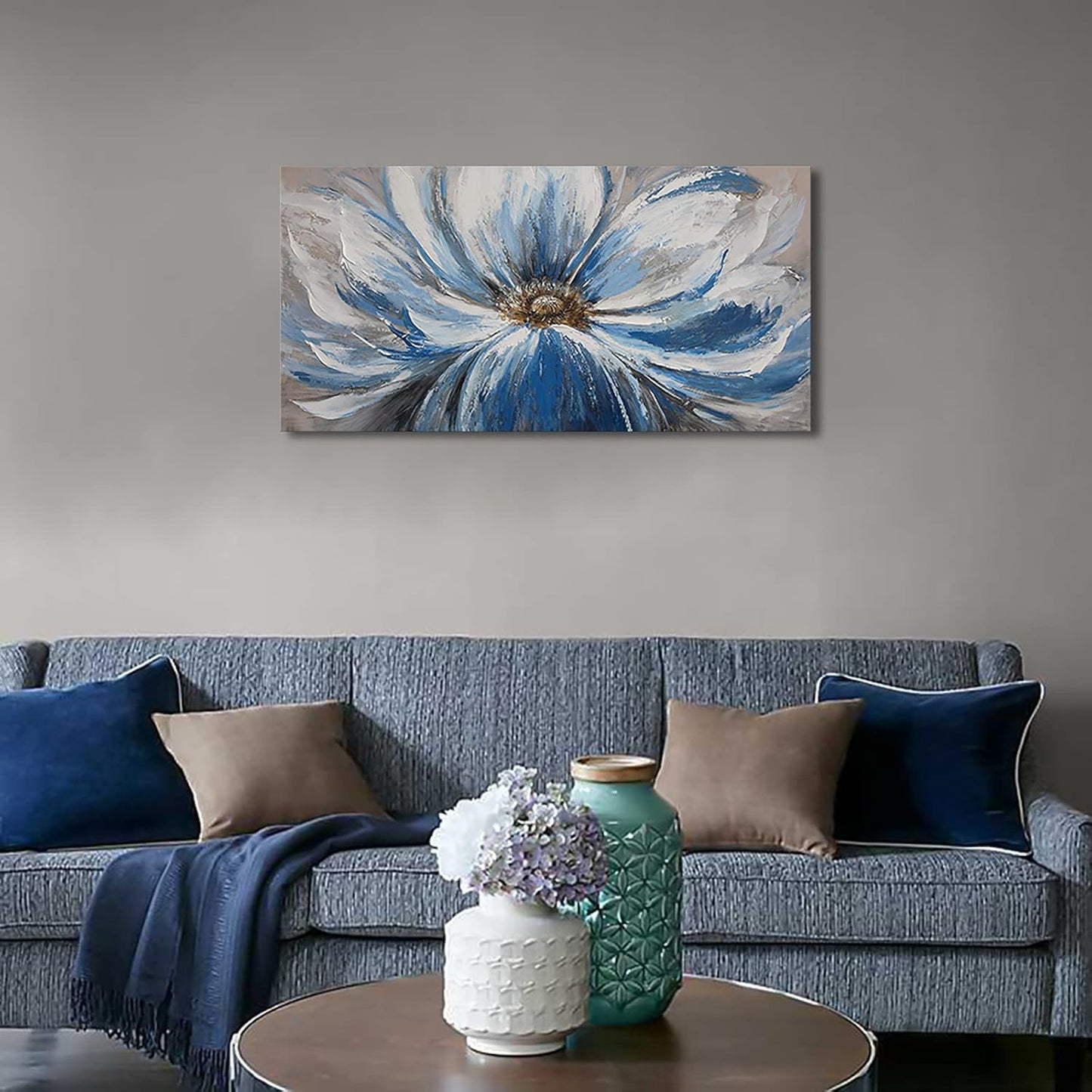 Flower Canvas Wall Art for Living Room Large White Blue Flower Picture Giclee Print Painting Wall Decor Framed Artwork Ready to Hang for Home Bedroom Wall Decoration Size 20x40