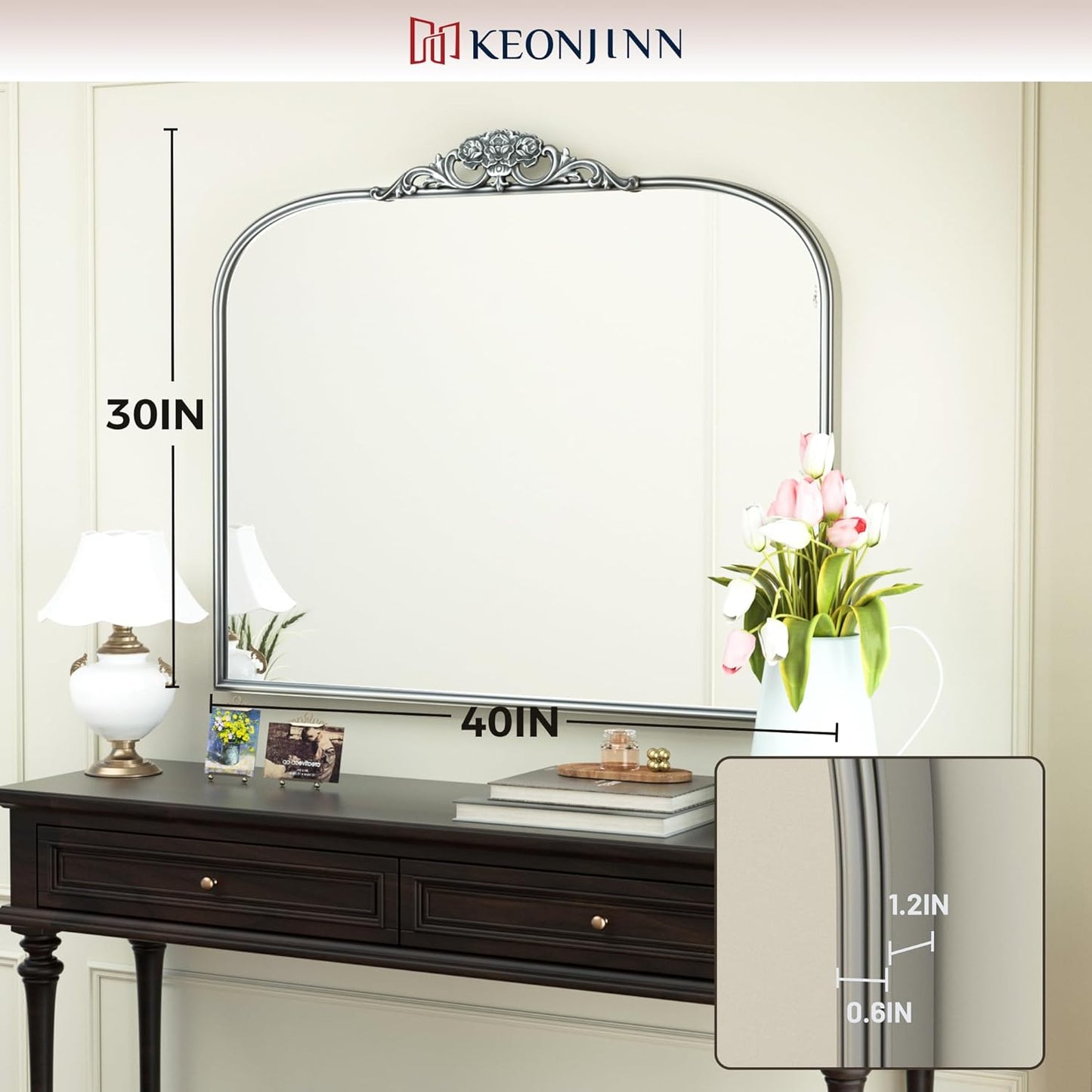 Keonjinn Vintage Mirror for Wall, 40" x 30" Silver Mirror with Metal Frame, Ornate Arched Decoration, Brass Mirror for Mantle, Living Room, French Cleat Mounting