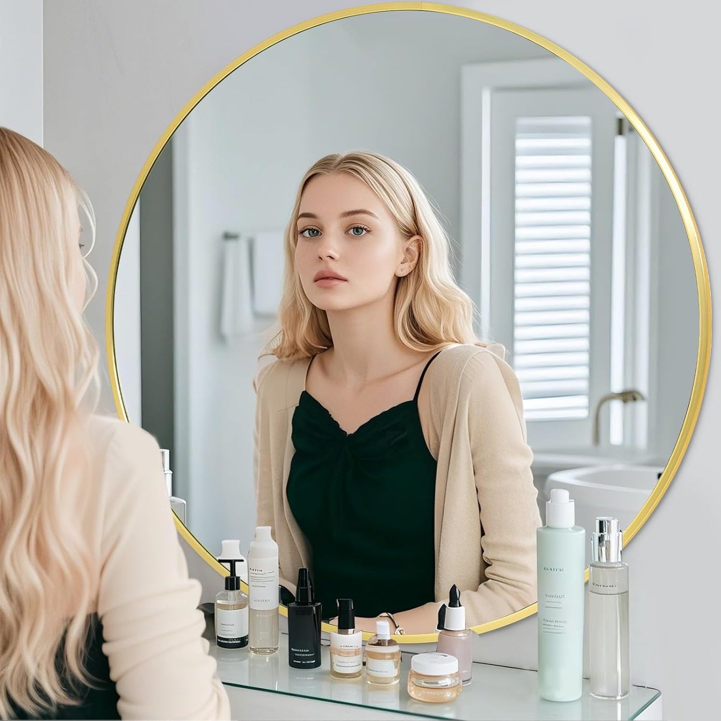 BEAUTYPEAK 24 Inch Round Mirror, Metal Frame Circle Mirror, Wall Mounted for Entryway, Bathroom, Vanity, Living Room, Gold