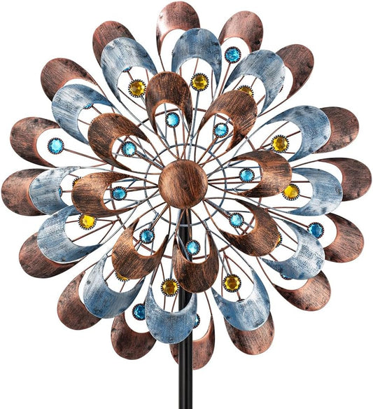 DREAMYSOUL Wind Spinner Outdoor, 20" Dia Large Metal Windmills with Blue and Copper Blades, Kinetic Wind Spinners & Sculpture for Yard and Garden