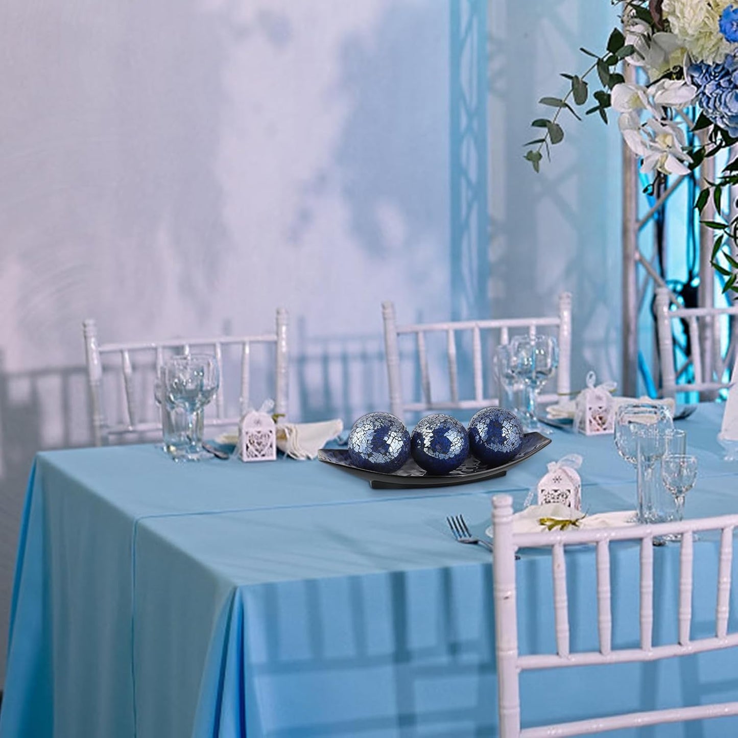 16" Large Ceramic Decorative Tray and 4" Glass Mosaic Balls Set of 4, Long Boat Shaped Centerpiece Bowl and Orbs Set for Home, Party Decor (Blue)