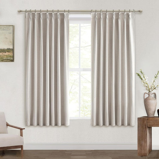 Bedroom Blackout Curtains 63 Inches (5-1/4FT) Long 2 Panel Set,Thermal Curtains for Summer Heat Living Room Darkening Pinch Pleated Short Drapes for 62 Inch Window Pinch Pleated(40"x63"x2 Light Linen)