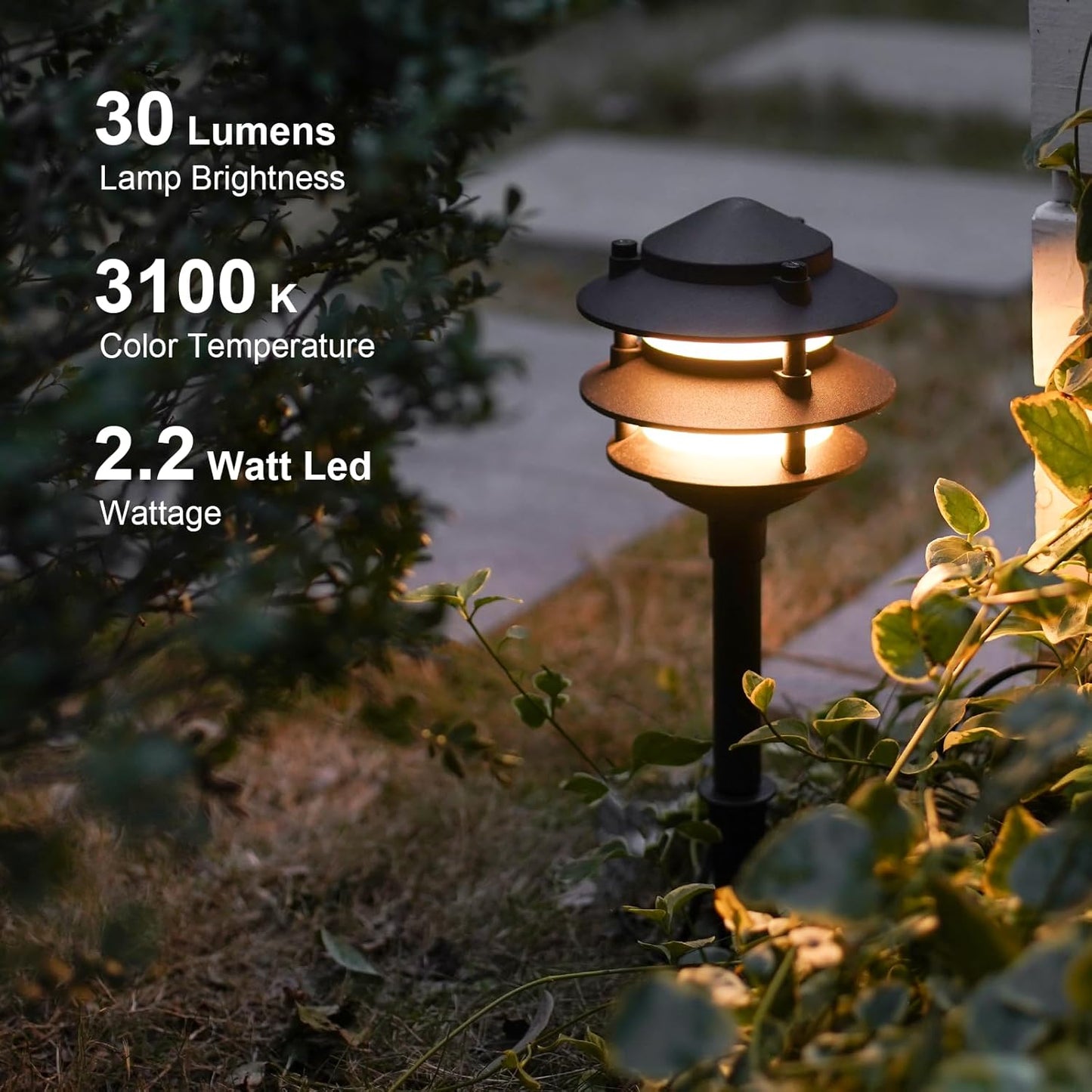 GOODSMANN Landscape Lighting 4PK Pathway Lights Low Voltage 2.2 Watt LED 12V AC Landscape Lights 30 Lumen Warm White with Cable Connectors Metal Stakes 9122-21102-04A