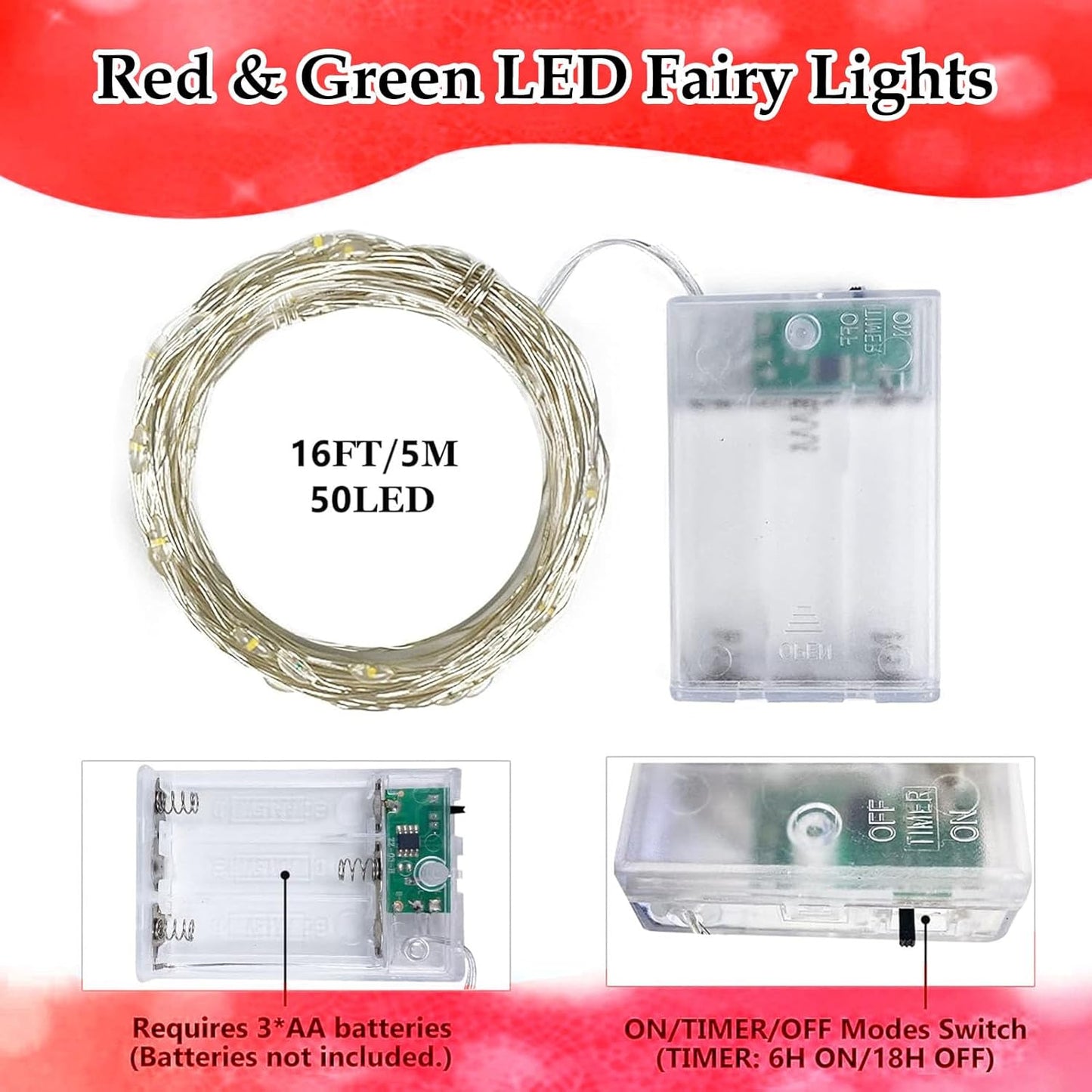 4-Pack 50 LED Fairy Lights Battery Operated with Timer, 16FT Waterproof Starry Christmas Lights Outdoor Indoor Mini Twinkle String Light for Bedroom Home Wedding Party Christmas Decor (Red and Green)
