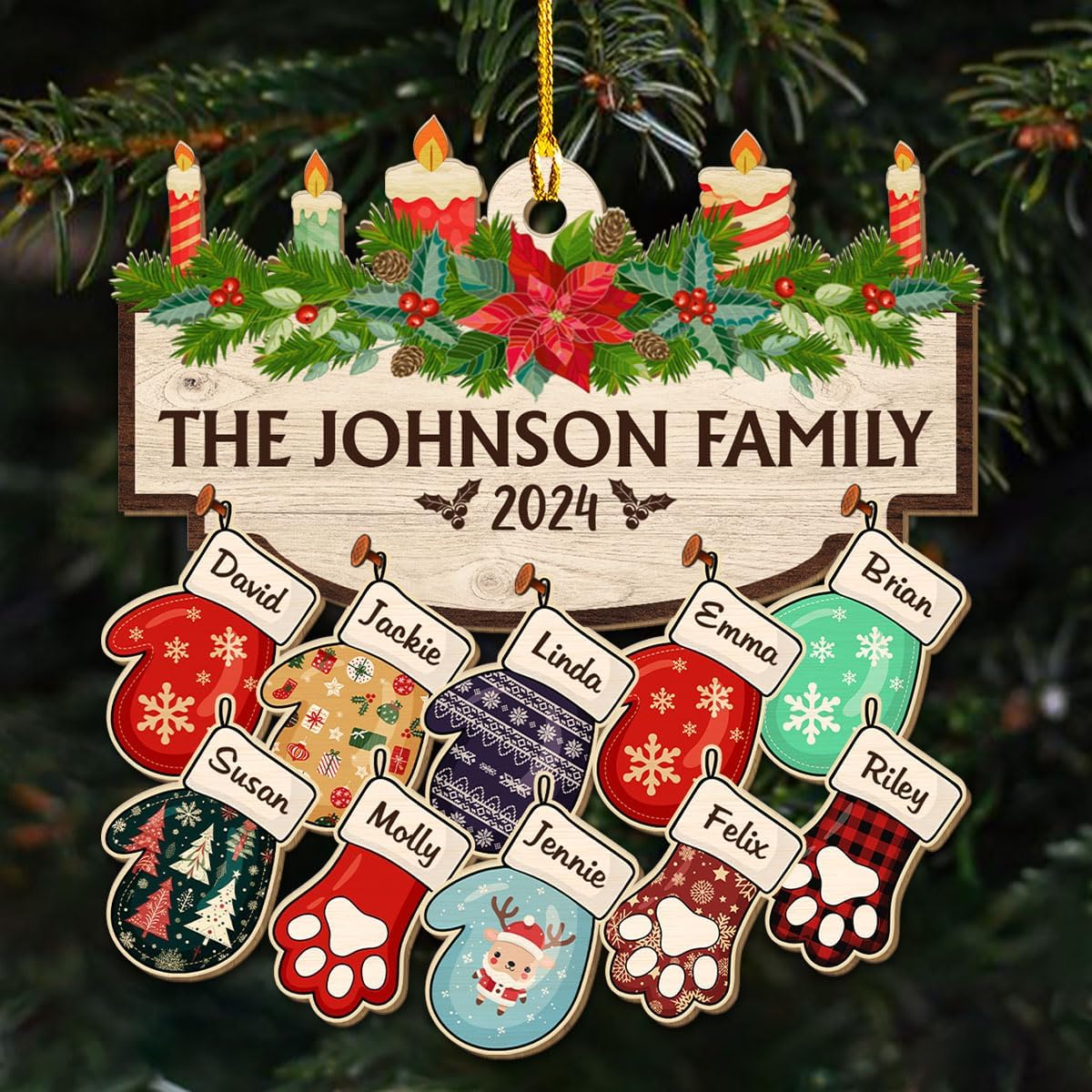 Family with Pet Ver 2 - Personalized Custom Wood Ornament, Family Gloves Christmas Ornament 2024, Xmas Ornament Gifts for Family Tree Decoration (A06, 8 Names)