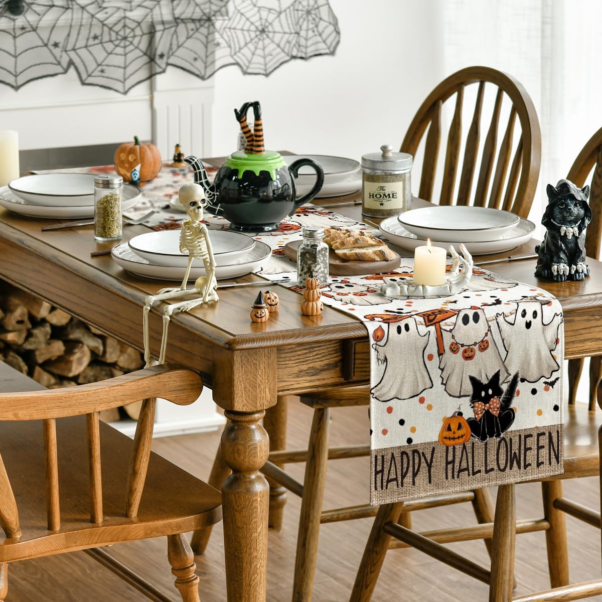 Artoid Mode Beige Ghost Jack-O'-Lantern Black Cat Halloween Table Runner,Holiday Kitchen Dining Table Decoration for Home Party Decor 13 x 120 Inch