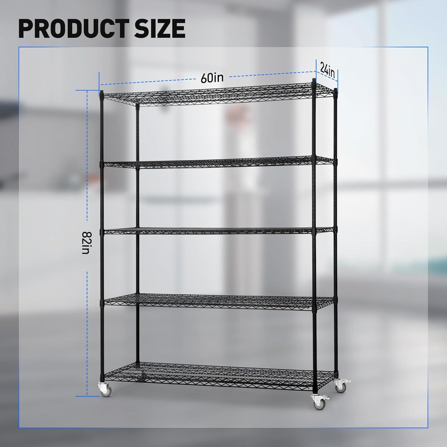 5 Tier Wire Shelf Shelving Unit, 60"x 24"x82" Metal Storage Shelves, Heavy Duty Garage Storage Shelves with Wheels, Chrome 3000LBS Capacity Wire Shelf Rack for Restaurant, Garage, Pantry, Kitchen