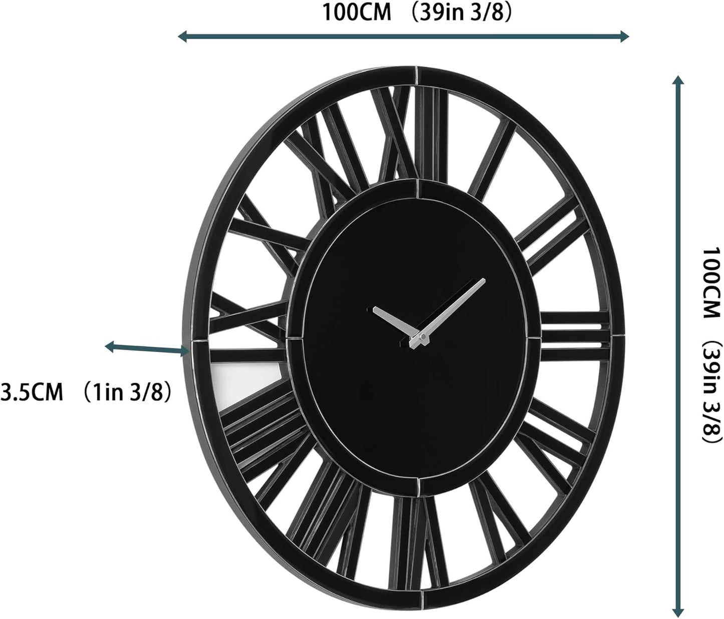 39.3" Oversize Wall Clock - Modern Black Glass Large Wall Clock with Roman Numerals, Decorative Wall Clocks for Living Room, Bedroom, Office - Easy to Hang, Silent Non-Ticking