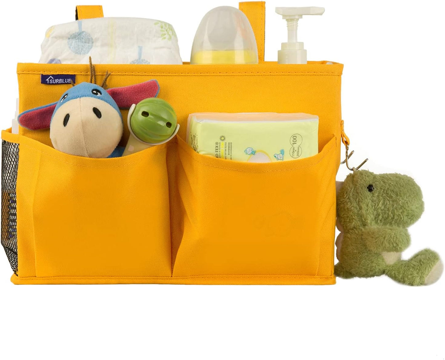 Surblue Bedside Caddy Hanging Bed Organizer Storage Bag Pocket for Bunk and Hospital Beds, College Dorm Rooms Baby Bed Rails, Camp 4 Pockets and 2 Hooks (Small, Yellow)