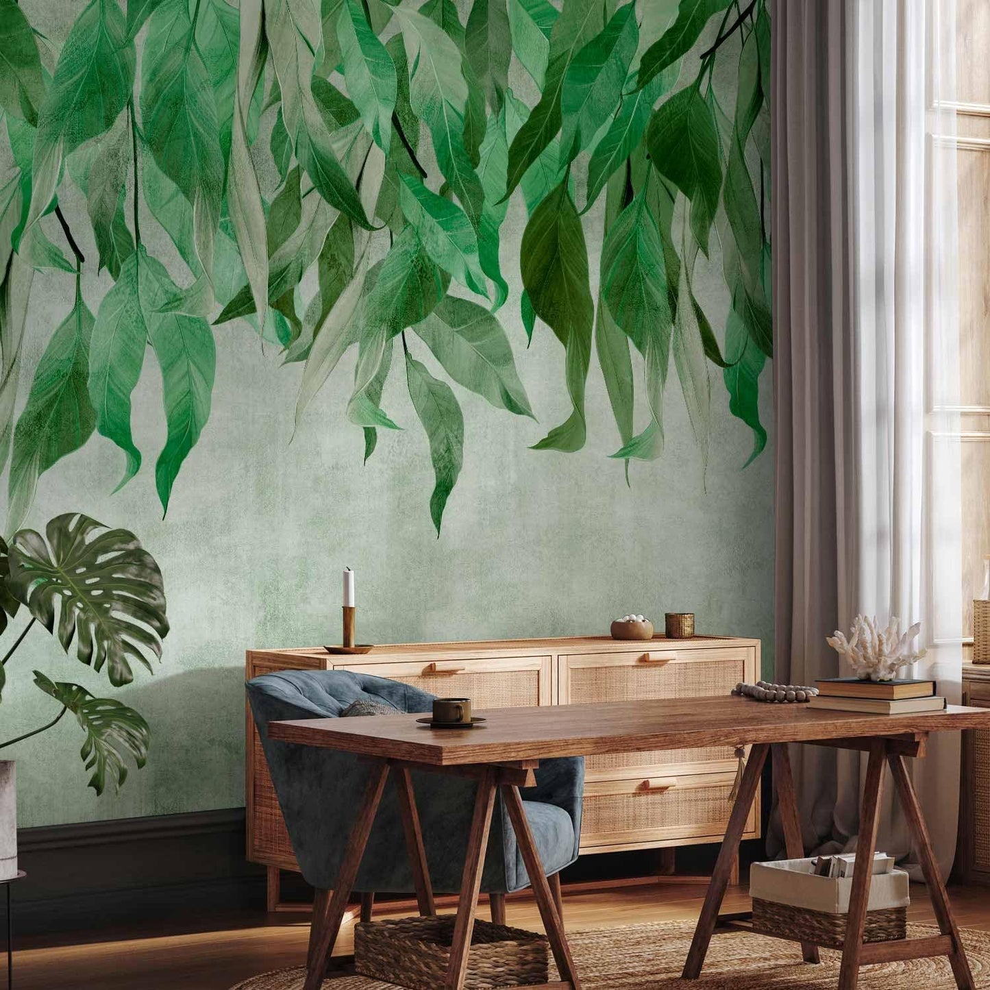 artgeist Wall Mural Hanging Leaves 116x83 in - Peel and Stick Self-Adhesive Wallpaper Removable Large Sticker Foil Wall Decor Print Picture Image Design Nature Botanical Concrete Green b-C-10146-a-a