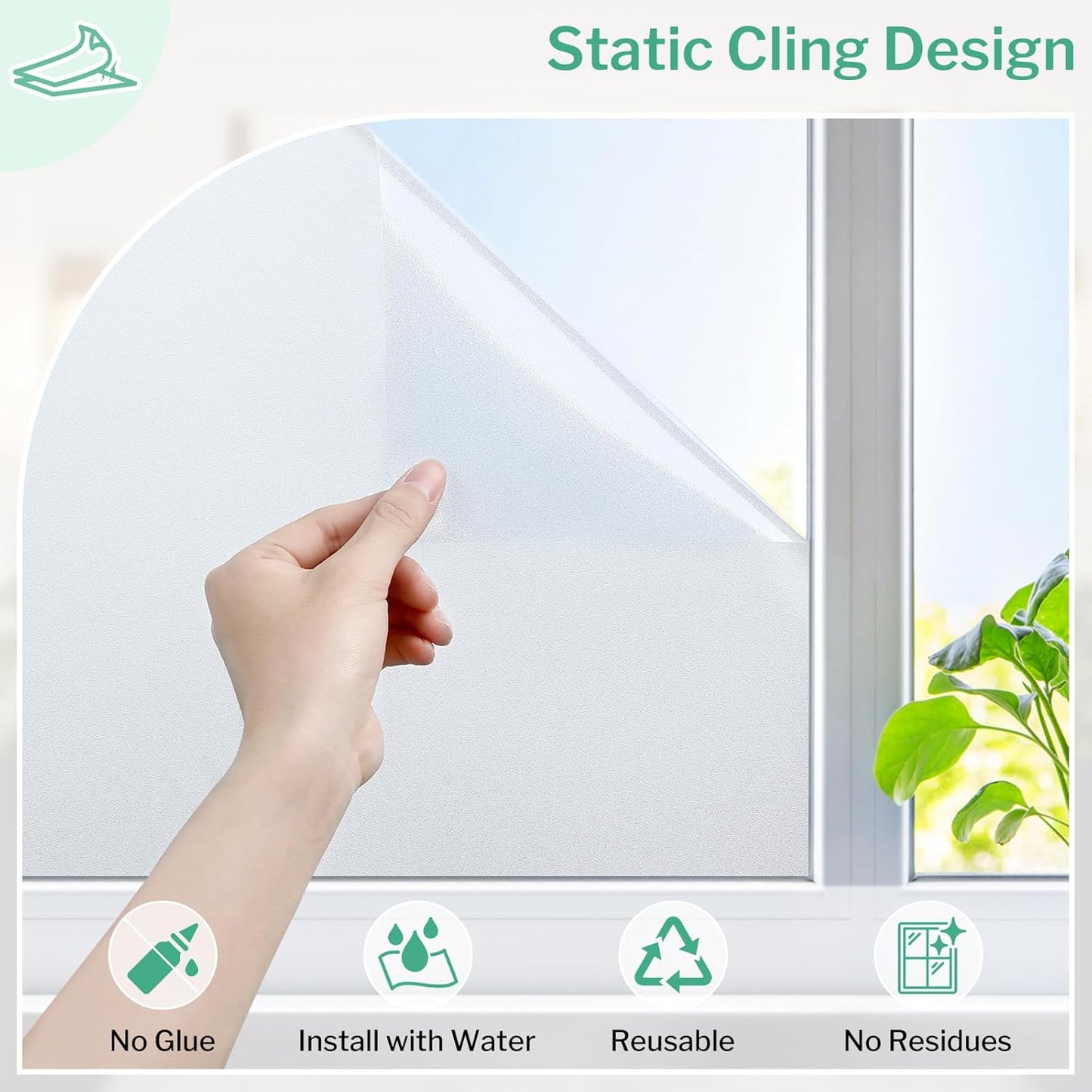 DOWELL Window Privacy Film, Frosted Glass Window Film, Static Cling Non-Adhesive Glass Clings, Sun Blocking Opaque Coverings, Reusable Door Stickers for Bathroom Home Office, Pure, 35.4" x 118"
