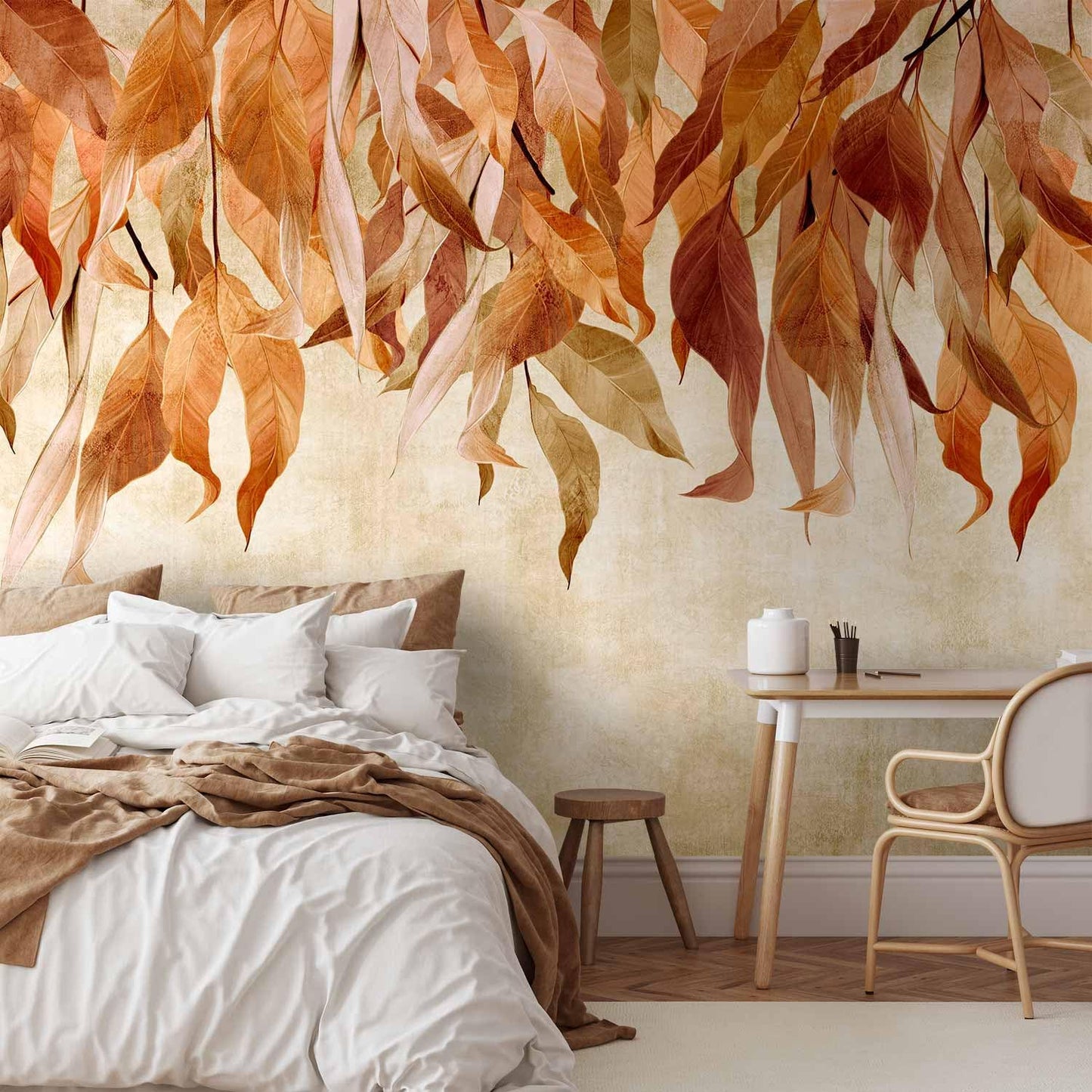 artgeist Wall Mural Hanging Leaves 138x101 in - Non-Woven Wallpaper Fleece Wall Decor Photo Print Picture Image Design Nature Botanical Concrete Orange Beige b-C-10146-a-c