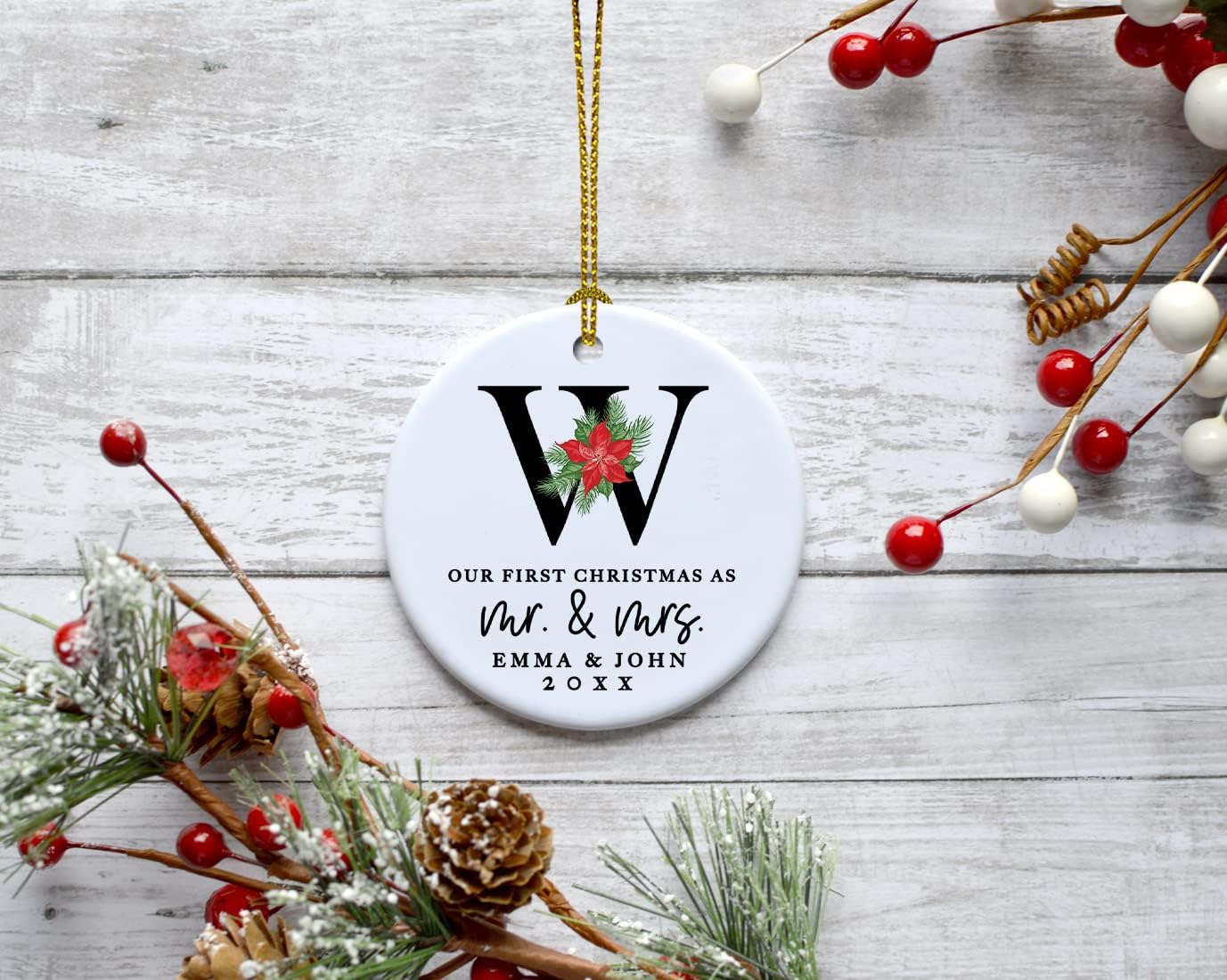Andaz Press Personalized Our First Christmas As Mr. & Mrs. 2025 Christmas Ornaments Monogram Poinsettia 2.8" Round Porcelain Ceramic 1st Year Married Custom Ornament Keepsake for Newlyweds 1-Pack