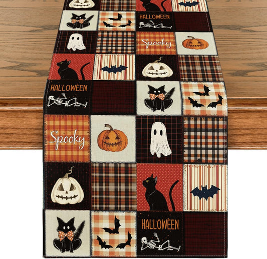 Artoid Mode Black Cat Bat Pumpkin Spooky 210 GSM Halloween Table Runner, Ghost Kitchen Dining Table Decoration for Home Party Decor 13x36 Inch