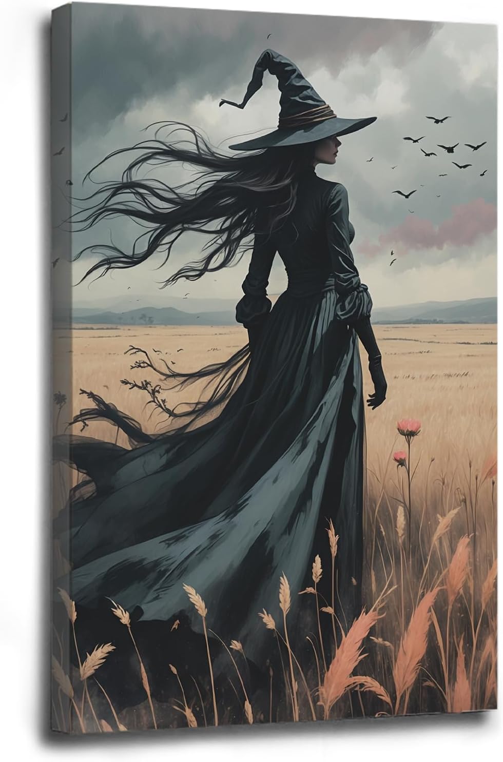 Gothic Decor Canvas Wall Art Witch in Rice Field Halloween Art Decor Print Nature Print Victorian Home Bedroom28x40in Wood Framed
