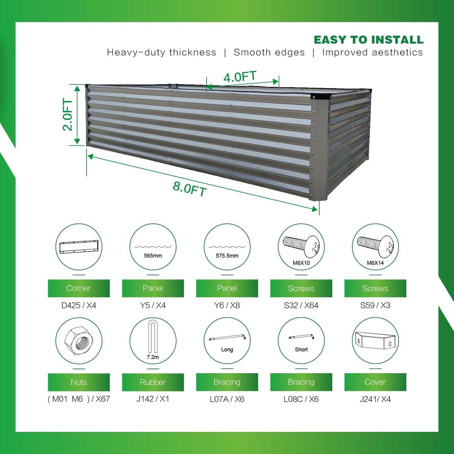 GARDMAX 8x4x2FT Galvanized Raised Garden Bed Kit, Metal Planter Boxes Outdoor with Easy Assembly, Large Garden Bed for Vegetables, Fruits, Flower, Herbs Rectangle Silver