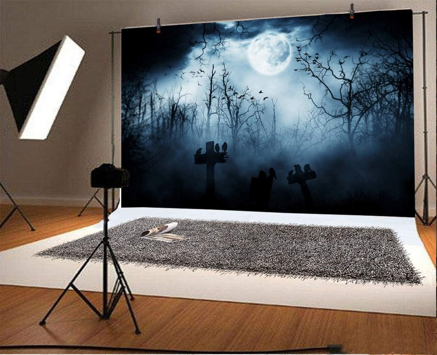 AOFOTO 12x10ft Moon Night Halloween Cemetery Photography Backdrop Flying Bats Birds Stand on Gravestone Cross Graveyard in Dark Forest Photo Background Cloth Vinyl Wallpaper Photo Studio Props